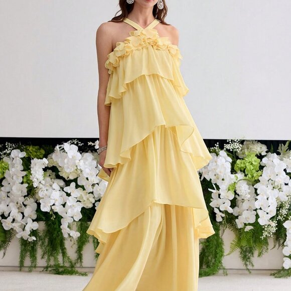 Yellow Elegant Women's Ruffle Trim Maxi Dress - Picture 6 of 7